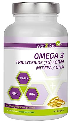 Vita2You Omega 3 Kapseln 1000mg - Triglyceride Form - mit EPA & DHA - 365 Softgel Kapseln - Fischöl - Jahrespackung - Premium Qualität