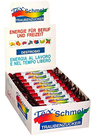 Tex-Schmelz Destrosio Caramella Lampone, confezione 30 rotoli da 33gr - energia rapida e veloce, aumenta fabbisogno energetico per cervello e muscoli, assorbimento immediato