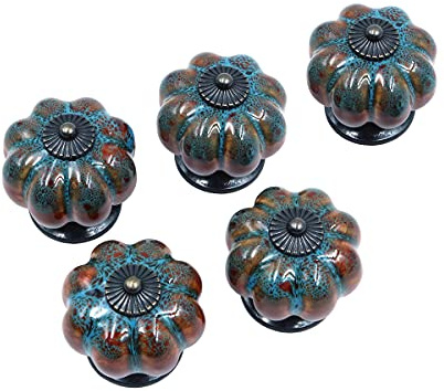 Shiwaki 5 pomos de perillas, manijas de cajón de gabinete, manijas de gabinete, perillas de cerámica, perillas de Calabaza Retro y Elegantes (Azul)