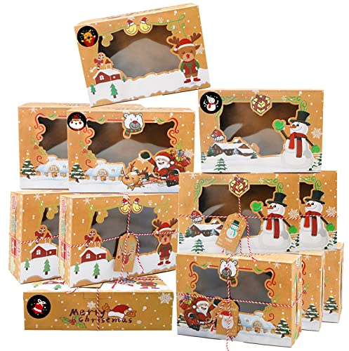 ZMCINER 12 PCS Christmas Cookie Boxes with Window Christmas Bakery Boxes Treat Boxes Baking Boxes for Gift Giving for Pastries, Cupcakes, Brownies, Brown Kraft Bakery Boxes 8.75 x 5.75 x 2.75 Inches