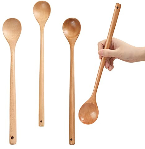 UPTALY 13 inch Extra Long Wood Mixing Spoons (2 Beech Wood, 2 Hemu Wood), Natural Wooden Spoon with Long Handle, Tasting Spoons, Slim Cooking Spoon Set, for Kitchen Stirring and Cooking