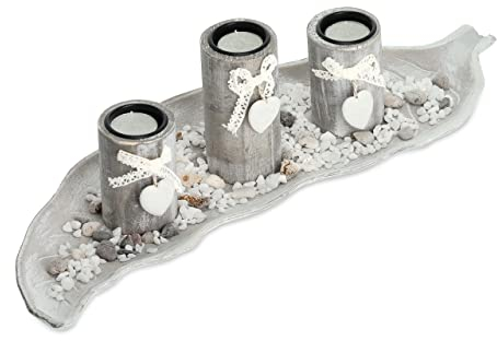 Relaxdays Teelichthalter Set mit Tablett & Steinen, 50,5 cm, Tischdeko Wohnzimmer, Esszimmer, Landhausstil, beige/weiß