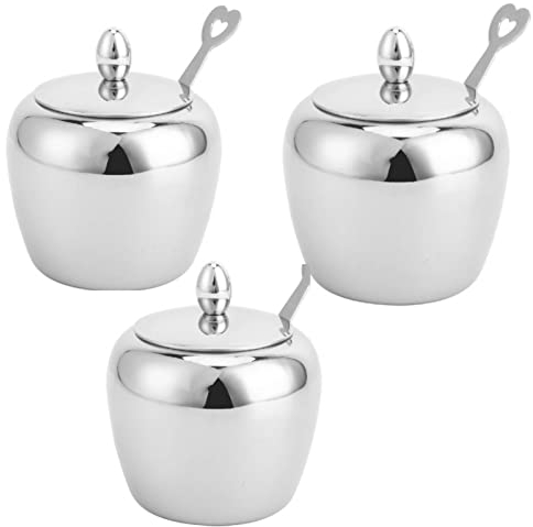 3 uds azucarero con tapa y cuchara, azucarero de acero inoxidable azucarero con cuchara para el hogar cocina sal pimienta especias tazón
