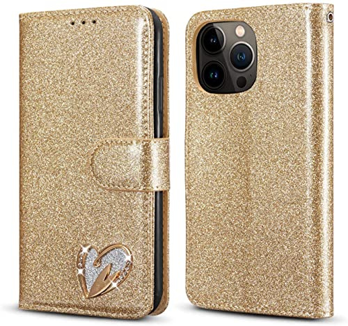 QLTYPRI Wallet Case for iPhone 14 Pro Max, Glitter PU Leather Case TPU Bumper Card Holder Kickstand Wrist Strap Inlaid Heart Diamond Flip Folio Cover for iPhone 14 Pro Max - Gold