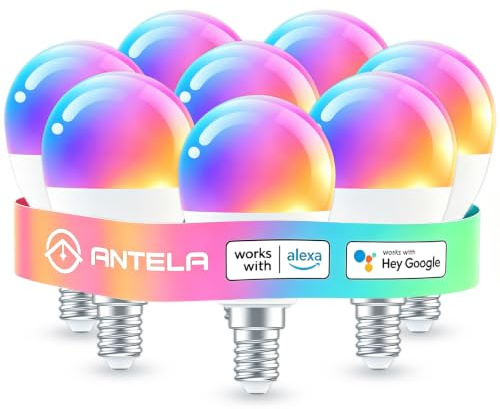 ANTELA Lampadina Alexa E14 4.5W, Smart Bulb LED G45 WiFi Lampadine RGB Bianco freddo Luce bianca calda, Controllo APP, Controllo vocale, Compatibile con Alexa, Google Home, 8Pezzi