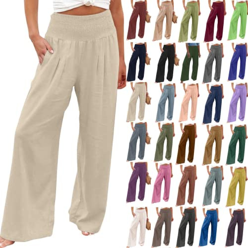 EMATOP Leinenhose Damen Sommer Leichte Weite Hose Lange Boho Sommerhose Hohe Taille Elegant Stoffhose Casual Einfarbig Freizeithose Baumwolle Leinen Palazzo Hosen mit Taschen Sporthose Frauen