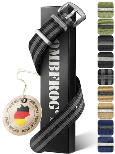 BOMBFROG NATO Strap Nylon Uhrenarmband 18mm 20mm 22mm 24mm Natoband Armband | Premium Natoband, franst nicht aus, verstellbar, Militär, Schließe schwarz/silber, Khaki/Navy/Oliv/Schwarz/Schwarz-Grau