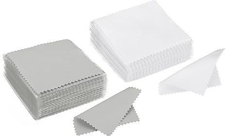 PATIKIL 3.15x3.15 Jewelry Cleaning Cloth, 100Pcs Individually Wrapped Double-Sided Microfiber Polishing Cloth for Silver Gold Brass Platinum Jewelry, White/Light Gray