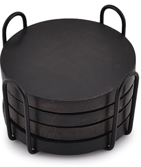 EDHAS Untersetzer aus Akazienholz, schwarz, 4 Stück, mit Eisenhalter, Couchtisch-Dekoration, Tischschutz, Dekoration (Untersetzer-Größe: 10,2 x 10,2 x 1,3 cm, Haltergröße: 11,4 x 11,4 x 7 cm)
