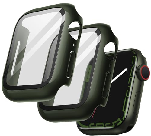 JETech Hülle mit Displayschutz für Apple Watch Series 9 8 7 45 mm, Gesamt Schutzhülle, Eingebaut Gehärtetes Glas Schutzfolie Hoch Empfindlichkeit, 2 Stück (Grün)
