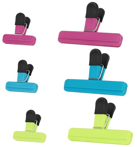 Food Bag Clips, 6 Pcs Sturdy, Airtight, Reusable Clips for Sealing Freezer Bags for Snacks, Crisps & Coffee, Freezer Clips for Food Storage, 3 Color 2 Size