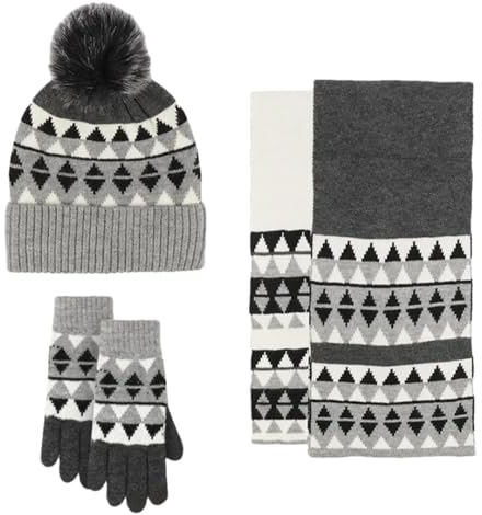 Pohullan Damen Wollschal, Mütze, Handschuhe, Set, Beanies, lange Schals, 3 Stück, Rot / Blau, Strick, Winter-Sets, Ein 3-teiliges Set, One size