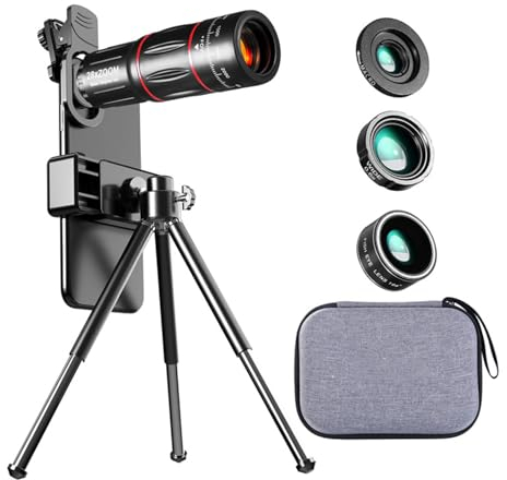 Phone Camera Lens Kit, 4 in 1 Cell Phone Camera Lens, 28X Wide Angle, Macro, Fisheye Lens, Phone Gadgets Telephoto Lens for Smartphone