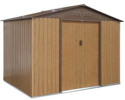 sweeek - Abri de Jardin en métal - FERRAIN 5.29m² Couleur chêne - Cabane à Outils avec Deux Grandes Portes coulissantes. kit de Fixation Sol Inclus. Maison de Rangement. Remise