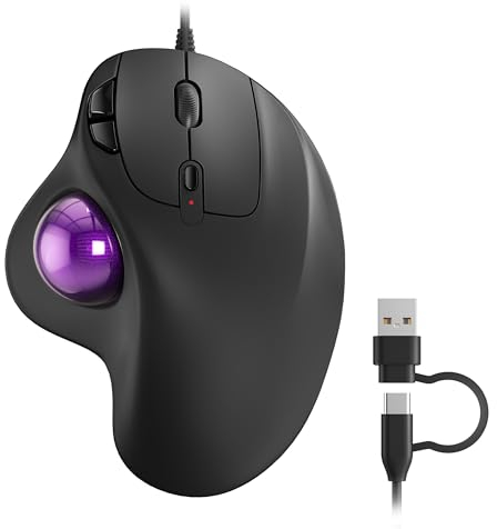 Nulea M509 Trackball Mouse Wired, Ergonomic Design, Easy Thumb Control, Precise & Smooth Tracking, 2-in-1 Interface (Type A &Type C), Compatible for PC, Laptop, Mac, Windows(Purple)