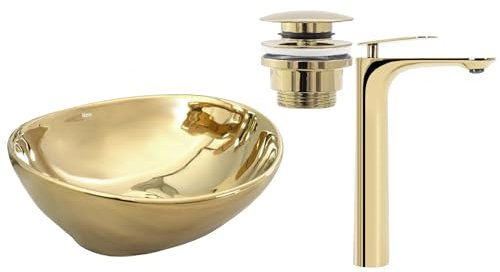 GTM Design Aufzatzwaschbecken mit Armatur - Waschbecken mit Hahn - Waschbeckenarmatur Gold - Aufzatzwaschbecken Oval - Waschbecken Gold Glanz - Aufsatzwaschbecken mit Armatur komplett Set