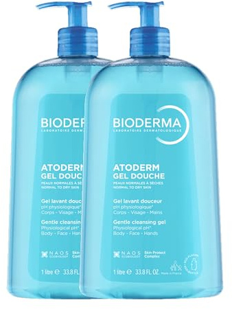 Atoderm duschgel | rengör försiktigt, mjukar och skyddar | mycket bra tolerans | naturlig blåaktig färg textur | krämig skumgel | tillverkad i Frankrike | set med 2 x 1L