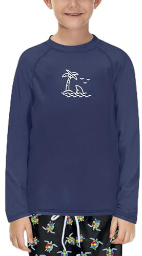 Glimnerize Camiseta de natación para chicos Rashguard de cuello redondo, manga larga, UV, transpirable, 104-152, Playa de arena azul marino, 6 años