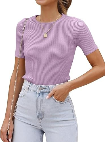 Cuptacc Maglietta da Donna a Maniche Corte, Scollo Rotondo, vestibilità Sottile, Lavorata a Maglia, Tinta Unita, Estiva, Lilla, L