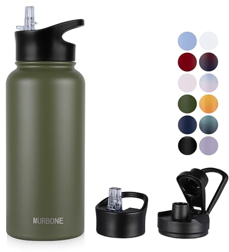 MURBONE Edelstahl Trinkflasche 1L, (+2 Deckel)-mit Strohhalm,BPA frei,Thermosflasche Auslaufsicher,Kohlensäure Geeignet,Thermoskanne Vakuum Doppelwandisolierung für Sport, Reisen, Camping