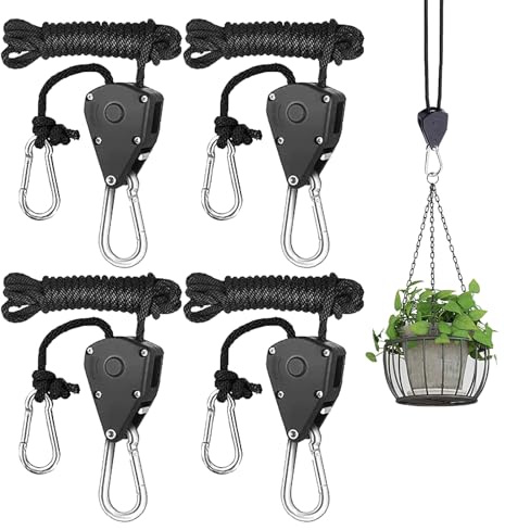 GANILITY 4-Stück Seilratsche mit Haken, 2m Verstellbare Nylon Ratschenaufhänger, Schwarz, für Hängeleuchten, Blumentöpfe, Filter, Sensoren, Lüftungsgeräte etc.