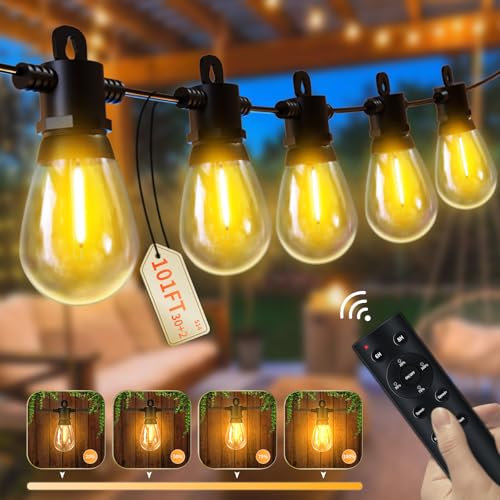 Pogestrand Guirnalda Luminosa Exterior,Luces de Bodas Exterior 24V con Mando a Distancia 30M/100FT 30+2 Bombillas LED Irrompibles S14 Impermeables IP65 Luz Cálida (2700K) para Patio, Jardín, Fiestas