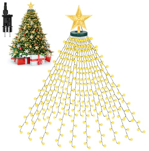 WUQNGI Lichterkette Weihnachtsbaum mit Ring und Topper Stern,400 LEDs Weihnachtsbaum Lichterkette Warmweiß 2M x 16 Stränge,8 Modi Wasserdichte Weihnachtsbeleuchtung Innen Außen für Weihnachten