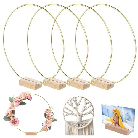 Mailfull Anillos de Metal 4 Piezas 20 cm Aros de Metal con 4 Base de Madera para Hacer Corona para Decoración de Boda Aros de Metal para Manualidades