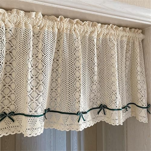 champracer Häkeloptik Scheibengardine Kurzstore, Landhaus Gehäkelt Blumen Muster Retro Bistrogardine Kurz Gardinen Kleines Fenstervorhang Küche Tür mit Quaste (1 Stüick, H 60x B 150 cm)