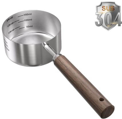 FAFAFLYER Cuchara medidora de comida para perros y gatos, 3/4 taza (6 onzas), acero inoxidable 304, mango largo de nogal negro