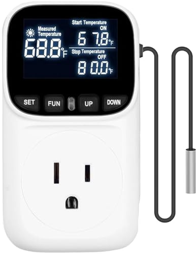 KABASI Digital Temperature Controller, Only Fahrenheit Dispaly Heavy Duty 15A Thermostat Outlet with Sensor, Heating Cooling Control Timer Plug Socket for Greenhouse Refrigerator Terrarium Aquarium