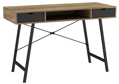 URBNLIVING 117cm Mid-Century Wooden Computer Desk with Black & White 2 Drawers - Compact Laptop Bureau Table for Study, Office, or Home Workstation with Storage Shelves and Metal Legs