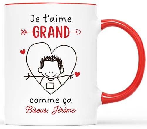 𝗖𝗔𝗗𝗘𝗔𝗨 𝗣𝗟𝗨𝗦 Mug Personnalisé Texte - Je t'Aime Grand Comme Ça - Cadeau Saint Valentin, Cadeau Pour Son Amoureux, Tasse Couple Amoureux, Mug Je t'Aime, Tasses Saint Valentin, Tasses Coeur