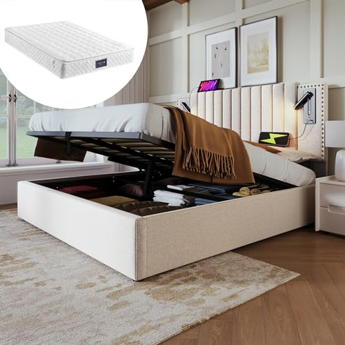 Wiuzo Polsterbett 160x200,Doppelbett Stauraum Bettkasten,Leselicht mit USB Ladefunktion Kopfteil,Rückenlehne mit Nietendesign,Bett mit Lattenrost und Bettkasten, Baumwolle, Beige(Mit Matratze)