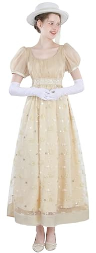 FCCAM Regency Vestido de mujer maxi de estilo imperio con encaje y mangas abullonadas, vestido de noche vintage con guantes, elegante para bodas o fiestas, Apricot 1449a, S