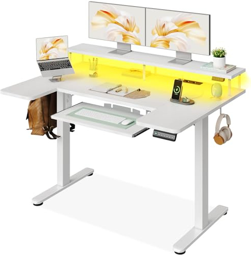 OffiGo Elektrischer Schreibtisch mit Monitorständer 120×74 cm, Weiß | U Form Tischplatte, USB und Steckdosen integriert, Steh Sitz Schreibtisch mit Memory, Computertisch für Home Office