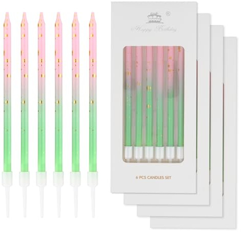 mciskin 24pcs Pink Green Birthday Candles,Sage Green Birthday Decorations,Pink Party Candle,Gold Dots Long Cake Toppers for Girls Boys Men Women Party Decorations Wedding Anniversary Supplies