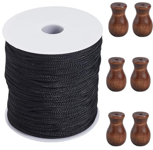 SOFPLATE Cuerda para Persianas Romanas de 100 m/109 yardas Y 2mm con 6 perillas de Madera Negra Carrete Redondo Resistente A la Intemperie Kit de Cuerda de Hilo Accesorios para Cortinas Romanas de Bri