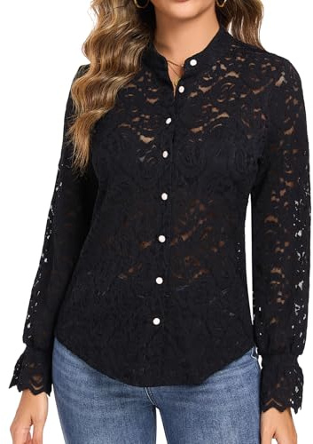 WOWENY Camicette da donna in pizzo, a maniche lunghe, elegante, con colletto a bottoni, Nero , XL