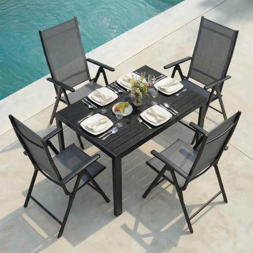 LIFERUN Juego de Muebles de Jardín 5 Piezas Aluminio, Mesa WPC 110x70 cm + 4 Sillas Plegables con Respaldo Alto, Muebles de Exterior Resistentes a la Intemperie para Terraza y Balcón,Negro