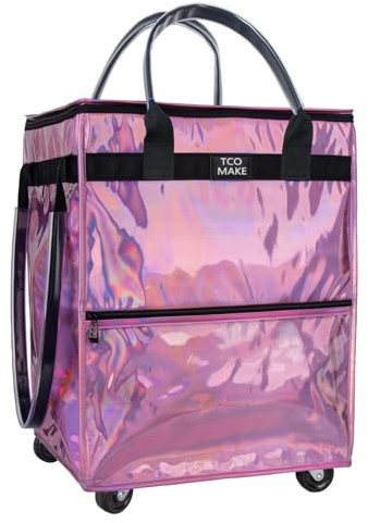 TCOMAKE Reusable Grocery Bag on Wheels, Shopping Bags with Wheels and Handle, Folding Rolling Tote Trolley, Zipper Cover, Carries Up to 46 LBS, Waterproof (Medium, Phantom Pink)