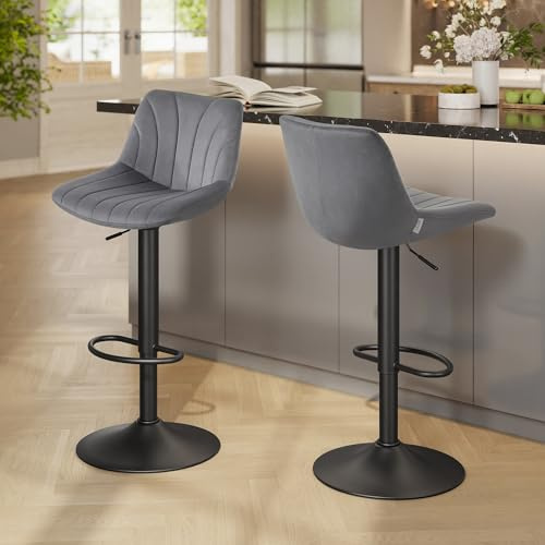 VASAGLE Tabourets de Bar, avec Dossier, Chaises de Bar Hauteur Réglable, Rotation à 360°, Repose-Pied en Métal, pour Salle à Manger, Cuisine, Velours, Lot de 2, Gris Ardoise LJB161GN01