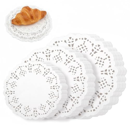 Tweruna 150 Stück Spitzenpapier Deckchen, Einweg Runde Papier Tischsets, 3 Größen Weiße Spitzen Deckchen für Tische Desserttabletts Hochzeit Geburtstag Party Kuchen Geschirr Dekor (8,9cm/11,4cm/14cm)