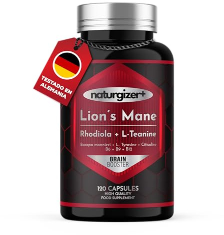 Melena de León (Lion’s Mane) Nootrópico de Alta Pureza con L-Teanina, Rhodiola y Bacopa | Fórmula COMPLEX para Jornadas Exigentes | Sin Cafeína | Vitaminas B | 120 Cápsulas Veganas | Naturgizer+