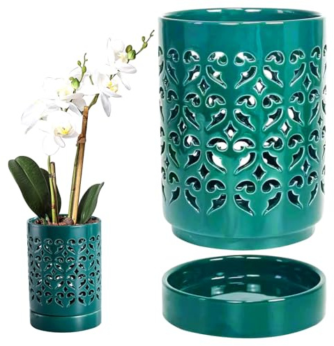 Comebachome Vaso per orchidee, vasi per orchidee in ceramica da 4 pollici con fori e sottovaso, fioriera traspirante per piccoli fiori per piante da interno ed esterno (Verde)