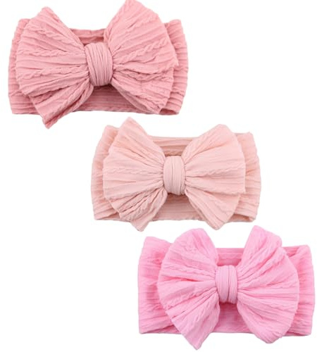 3-pack babyhårband, mjuka rosetter för flickor, nyfödd håraccessoar (Mörkrosa, Ljusrosa, Mellanrosa)