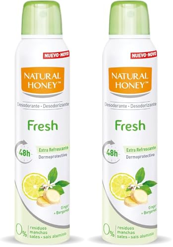 Natural Honey, Fresh Desodorante Spray Sin Aluminio Dermoprotectivo, 48H de Protección Natural Contra los Malos Olores, Formula Anti Manchas con Extractos Naturales de Jengibre y Bergamota, 200 ml