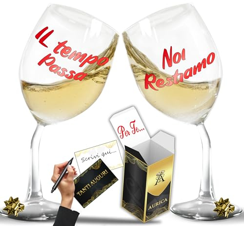 Aurìca Coppia Calici Vino Personalizzati IL TEMPO PASSA – Bicchiere Piegato Per Lui E Lei Per Celebrare Ogni Anno Insieme Con Dolcezza - Regalo San Valentino E Anniversario Con Confezione Inclusa