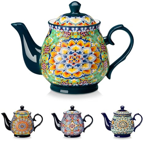 vancasso SIMI 800ml Ceramic Teapot, Bohemian Porcelain Tea Pot with Golden Bloom Pattern for Loose Leaf Tea, Microwave & Dishwasher Safe