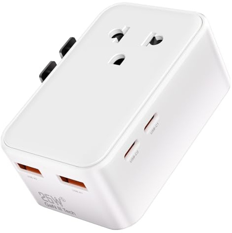 5 IN 1 Enchufe Universal Viaje Plano, 25W GAN, Adaptador de Enchufe Universal con 2 USB C y 2 USB A, Grestar Adaptador Universal para EU,UK,Americano, Canadá, Australia, Japan